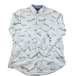 Tommy Hilfiger Long Sleeve Button Up Shirt All Over Print Script Cotton Men's XL